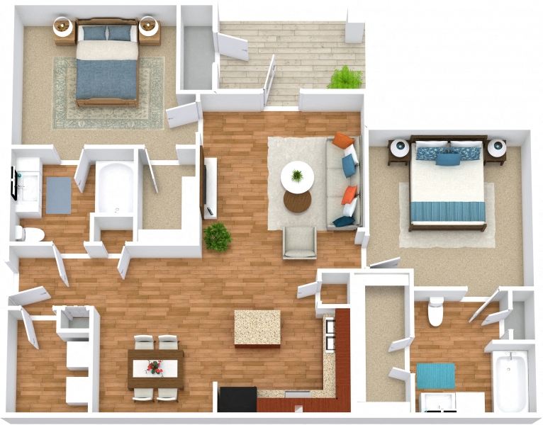 Floor plan for 2 beds, 2 baths, 1065 sqft